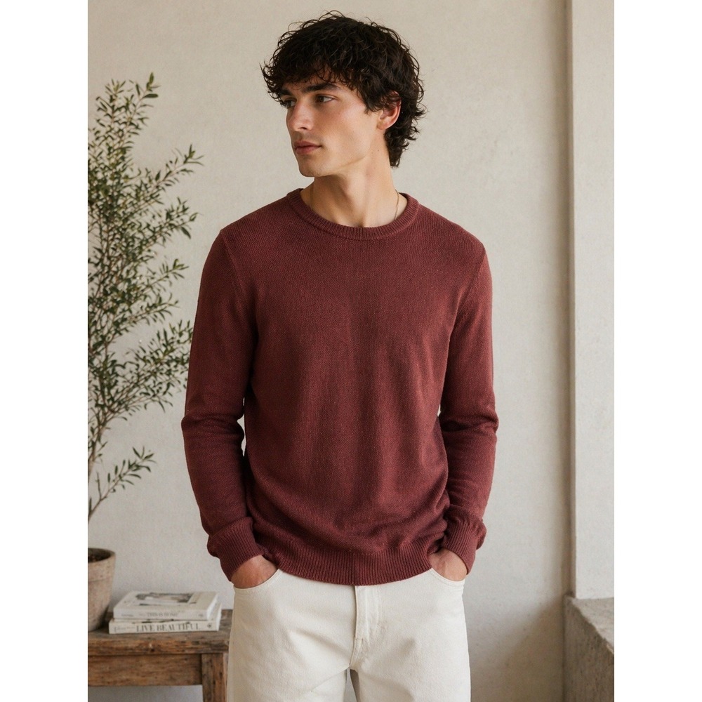 prAna Mens Slim Fit Crewneck Knit Sweater Large Rust Burgundy Red Long Sleeve